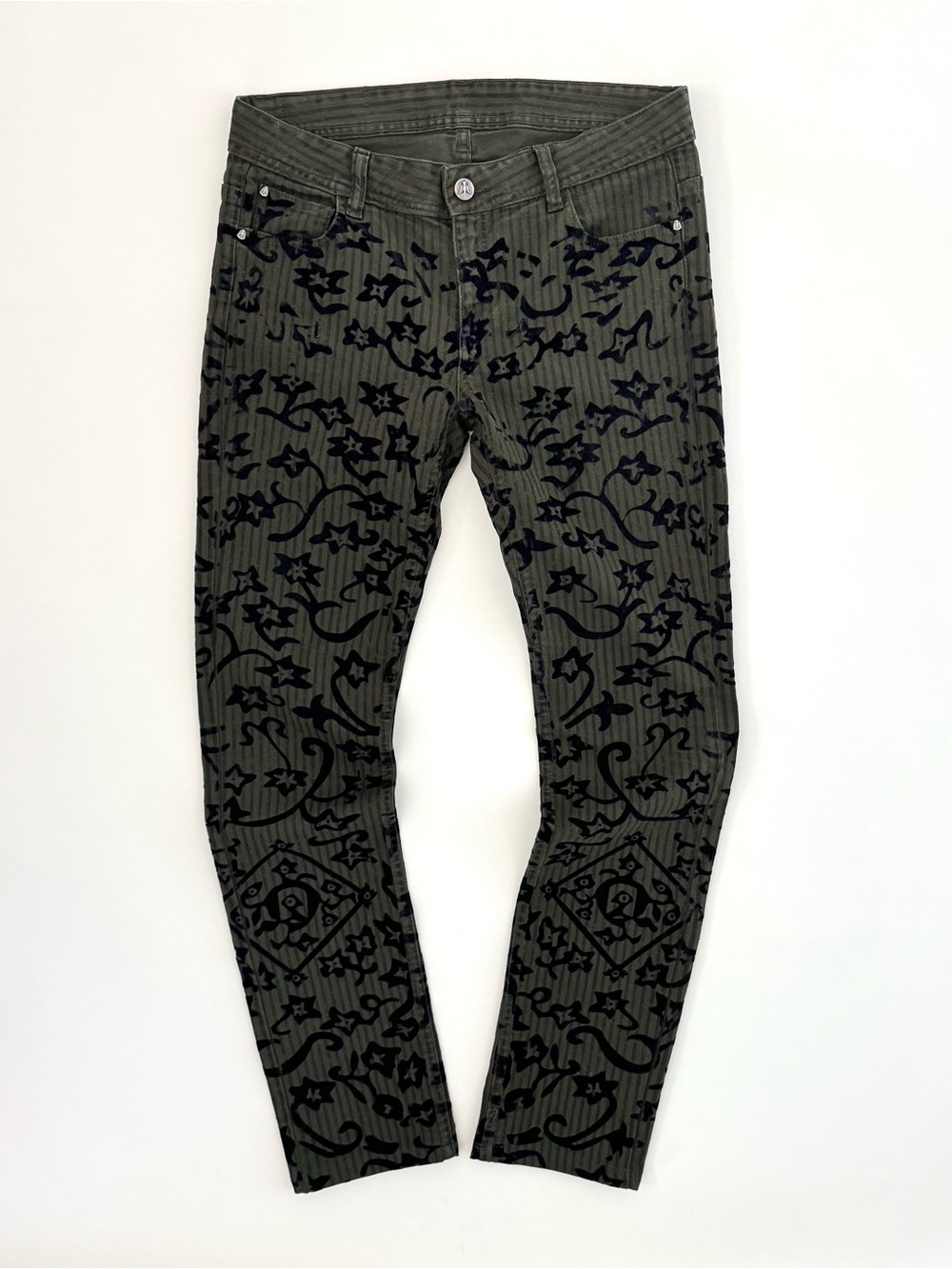 Faith Connexion Olive Green Skinny Jeans with Velvet Brocade Pattern - Size 29 - Picture 2 of 10